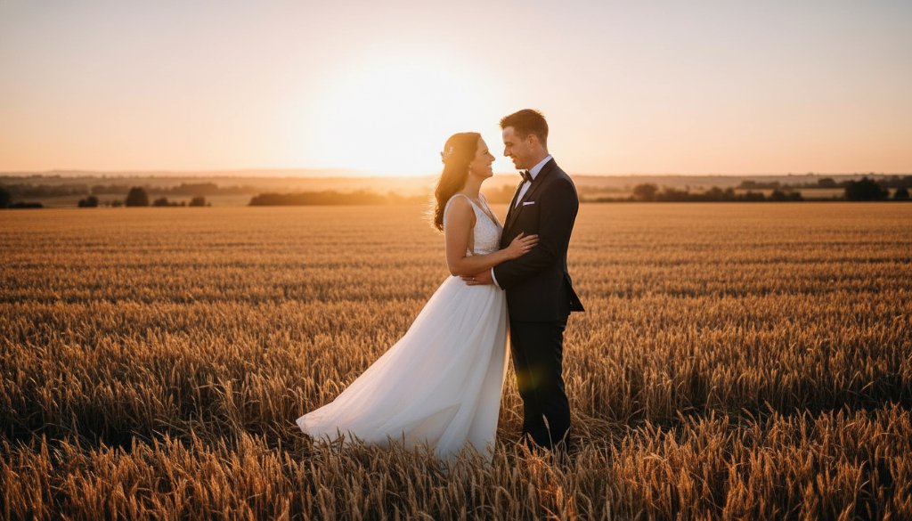 A newly married couple shares a tender, intimate moment at sunset in a sprawling Wallan rural landscape, bathed in golden hour light, captured by authentic Wallan Victoria wedding photography, evoking romance and serenity.