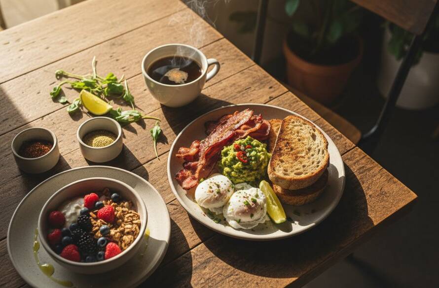 Dramatic overhead shot capturing authentic Wantirna food photography for local restaurants, showcasing a beautifully plated modern Australian dish with steam rising, professional studio lighting, and a shallow depth of field, highlighting the vibrant colours and textures.