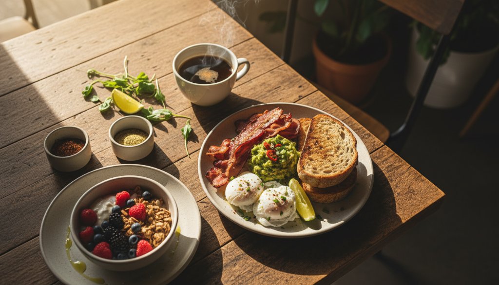 Dramatic overhead shot capturing authentic Wantirna food photography for local restaurants, showcasing a beautifully plated modern Australian dish with steam rising, professional studio lighting, and a shallow depth of field, highlighting the vibrant colours and textures.