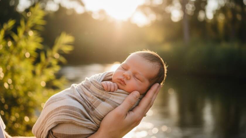A tender, cinematic shot capturing an authentic Warrandyte baby photography Victoria moment, with a newborn nestled softly in a parent's arms by the tranquil Yarra River, dramatic golden hour light filtering through eucalyptus trees, highlighting their faces in a professional, colour-graded portrait.