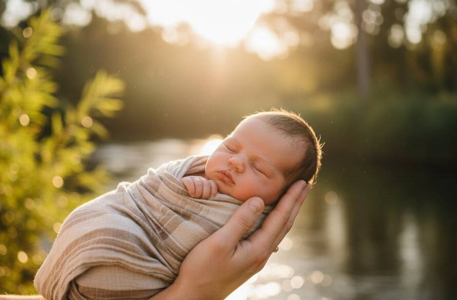 A tender, cinematic shot capturing an authentic Warrandyte baby photography Victoria moment, with a newborn nestled softly in a parent's arms by the tranquil Yarra River, dramatic golden hour light filtering through eucalyptus trees, highlighting their faces in a professional, colour-graded portrait.