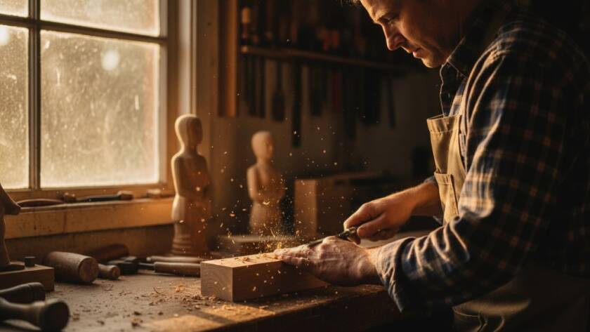 A Warrandyte potter, mid-throw on a wheel, hands covered in clay, dramatically lit by golden hour sun streaming through a studio window, creating authentic Warrandyte branding photography for local artisans.