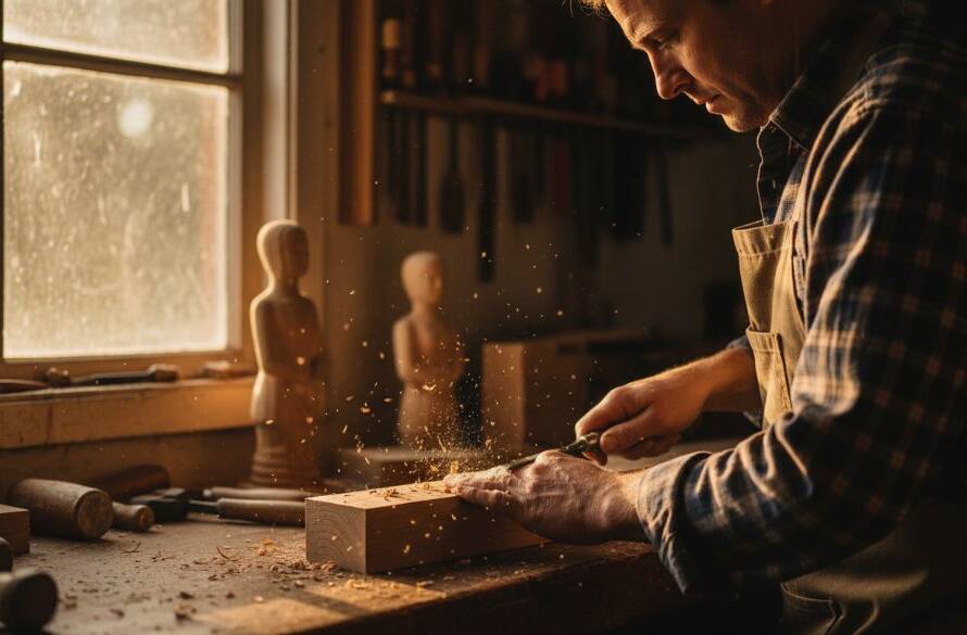 A Warrandyte potter, mid-throw on a wheel, hands covered in clay, dramatically lit by golden hour sun streaming through a studio window, creating authentic Warrandyte branding photography for local artisans.