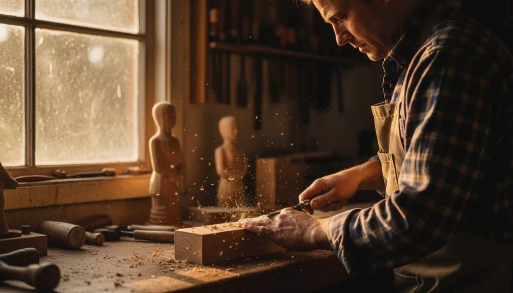 A Warrandyte potter, mid-throw on a wheel, hands covered in clay, dramatically lit by golden hour sun streaming through a studio window, creating authentic Warrandyte branding photography for local artisans.