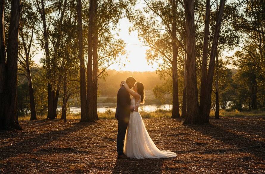 Epic moment captured during authentic Warrandyte bushland wedding photography: a newlywed couple embracing passionately under the golden hour light, surrounded by towering gum trees.