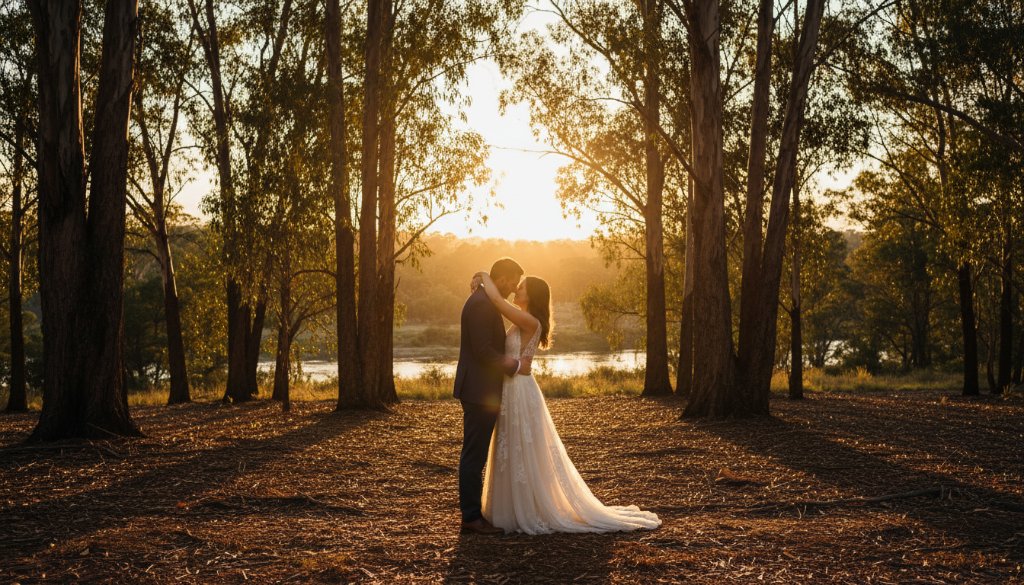 Epic moment captured during authentic Warrandyte bushland wedding photography: a newlywed couple embracing passionately under the golden hour light, surrounded by towering gum trees.