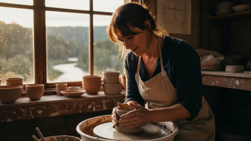 An authentic Warrandyte editorial photography for local businesses scene, capturing a local artisan intensely focused on their craft in a sun-drenched Warrandyte studio, rich with natural textures, showcasing their passion and the unique charm of the area.