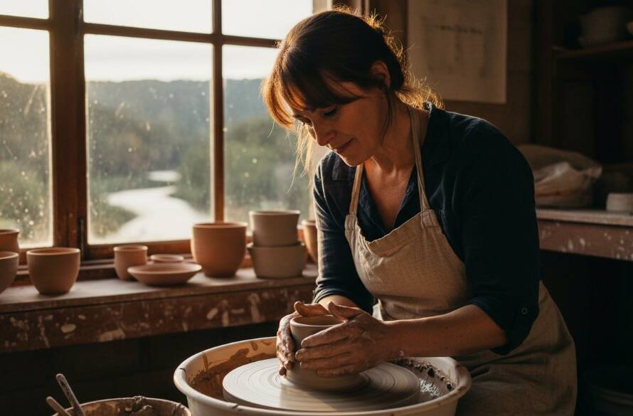 An authentic Warrandyte editorial photography for local businesses scene, capturing a local artisan intensely focused on their craft in a sun-drenched Warrandyte studio, rich with natural textures, showcasing their passion and the unique charm of the area.