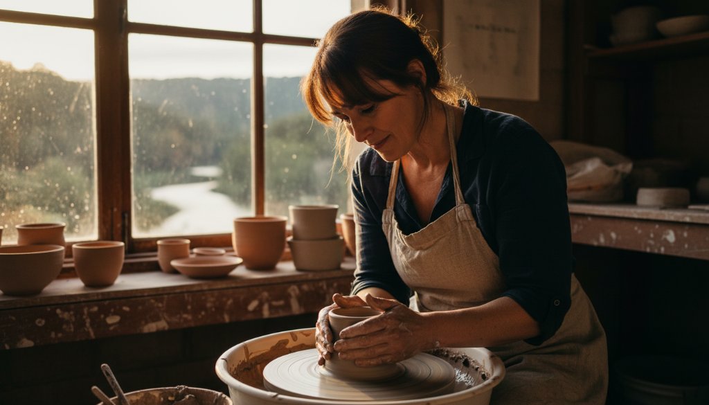 An authentic Warrandyte editorial photography for local businesses scene, capturing a local artisan intensely focused on their craft in a sun-drenched Warrandyte studio, rich with natural textures, showcasing their passion and the unique charm of the area.