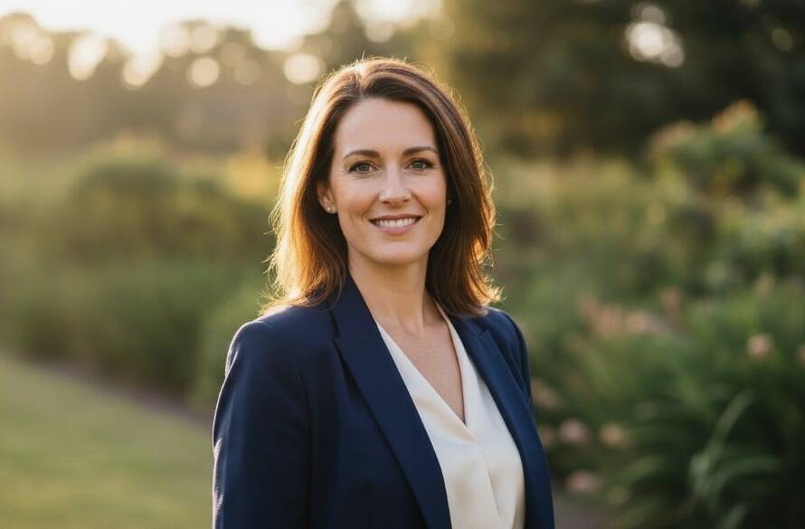 A striking professional portrait capturing authentic Warrandyte headshots natural light, featuring a confident individual bathed in warm, soft afternoon sun by the Yarra River, embodying professionalism and approachability.