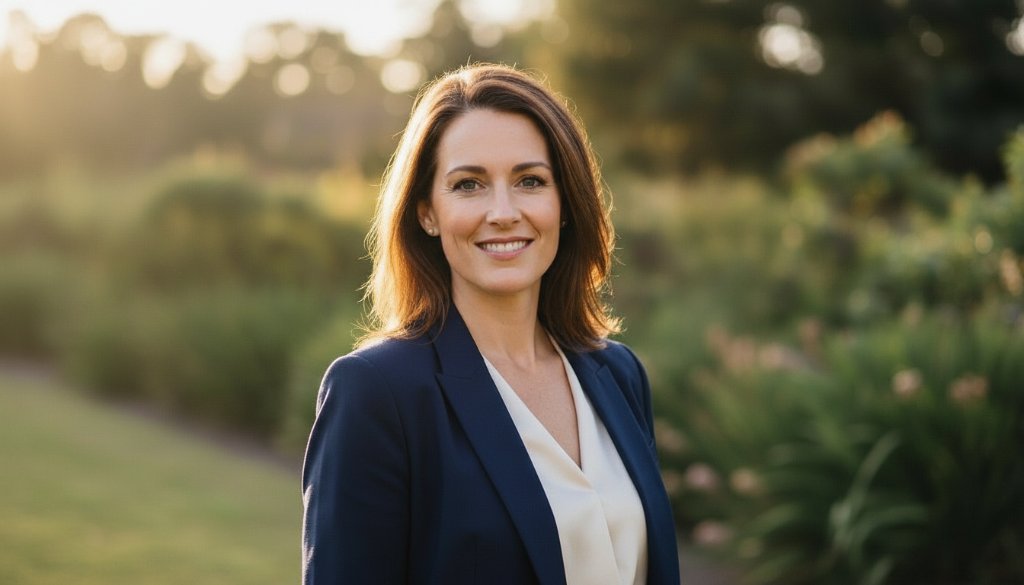 A striking professional portrait capturing authentic Warrandyte headshots natural light, featuring a confident individual bathed in warm, soft afternoon sun by the Yarra River, embodying professionalism and approachability.