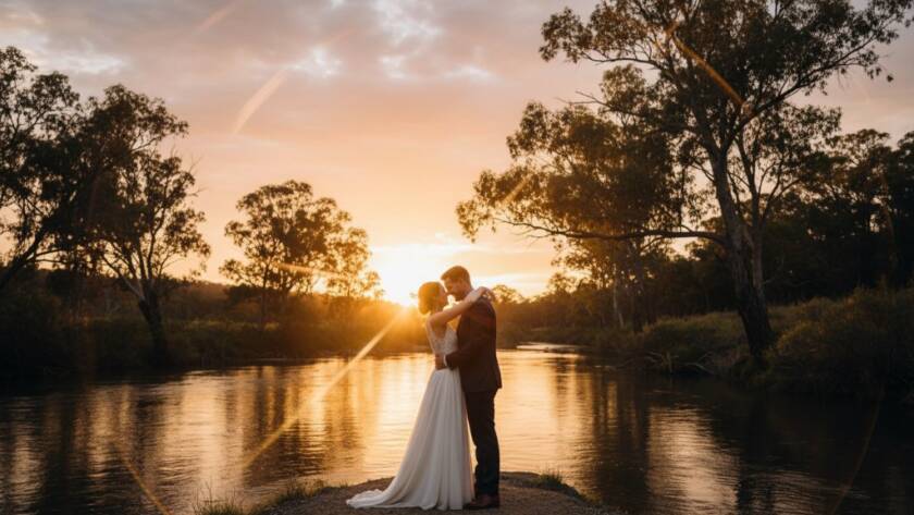 An emotional and authentic Warrandyte wedding photography moment showing a couple embracing passionately at sunset by the Yarra River, with dramatic golden hour lighting highlighting the natural bushland beauty of Warrandyte, Victoria.