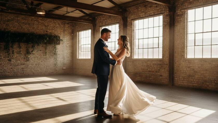 An intimate, emotionally charged close-up of a newlywed couple embracing amidst the warm, diffused evening light of an industrial-chic setting in Tottenham, showcasing Authentic Wedding Photography Tottenham Industrial Chic Vibes with a dramatic, professional colour grade.