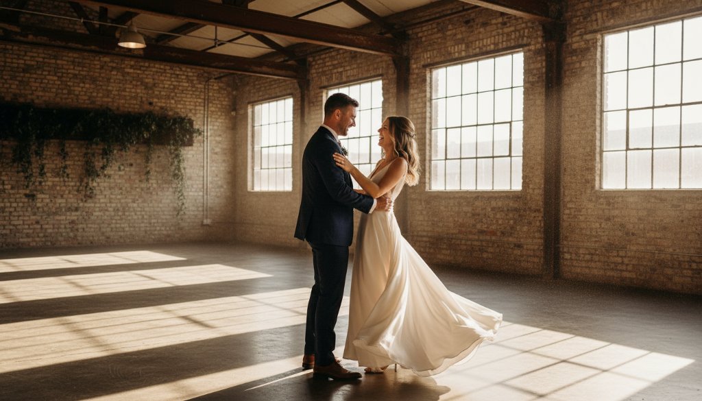 An intimate, emotionally charged close-up of a newlywed couple embracing amidst the warm, diffused evening light of an industrial-chic setting in Tottenham, showcasing Authentic Wedding Photography Tottenham Industrial Chic Vibes with a dramatic, professional colour grade.