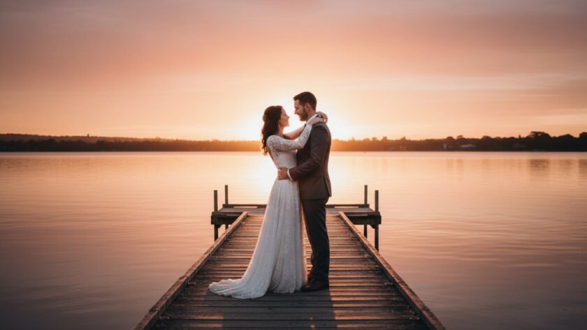 A newly married couple sharing an authentic Wendouree wedding photography moment at sunset by Lake Wendouree, with soft golden light and a gentle breeze, captured in an epic, romantic wide shot.
