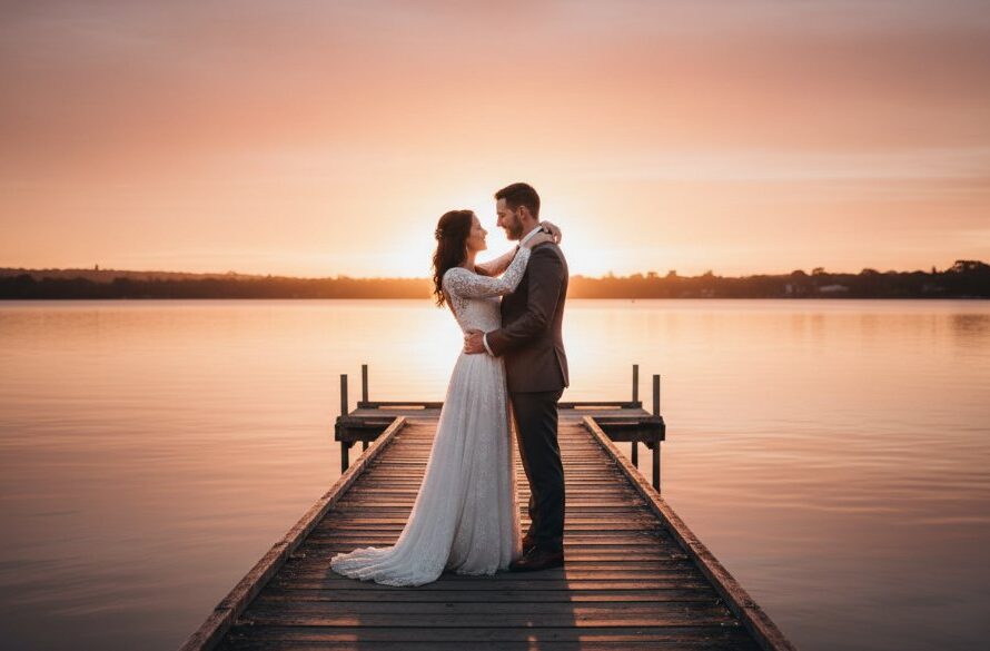 A newly married couple sharing an authentic Wendouree wedding photography moment at sunset by Lake Wendouree, with soft golden light and a gentle breeze, captured in an epic, romantic wide shot.