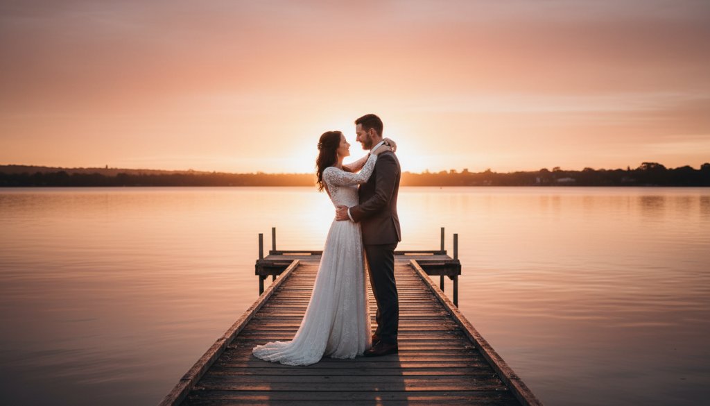 A newly married couple sharing an authentic Wendouree wedding photography moment at sunset by Lake Wendouree, with soft golden light and a gentle breeze, captured in an epic, romantic wide shot.