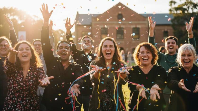 An authentic West Footscray event photography capturing genuine joy, showing a group of friends laughing heartily under festive lights at a community gathering in West Footscray, with the iconic Footscray Community Arts Centre visible in the background, captured in a dramatic, cinematic style.