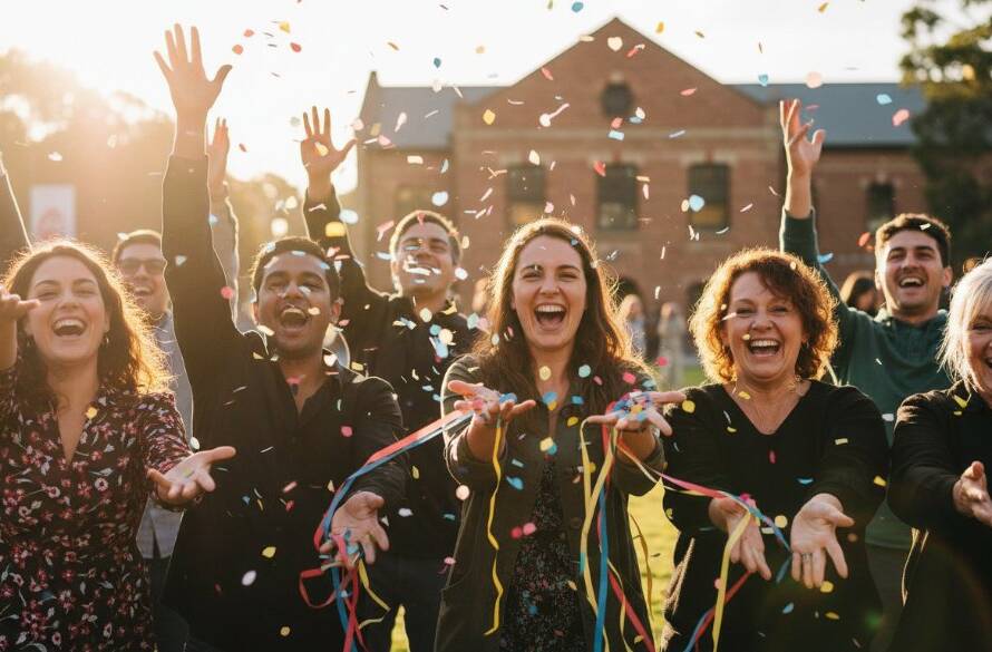 An authentic West Footscray event photography capturing genuine joy, showing a group of friends laughing heartily under festive lights at a community gathering in West Footscray, with the iconic Footscray Community Arts Centre visible in the background, captured in a dramatic, cinematic style.
