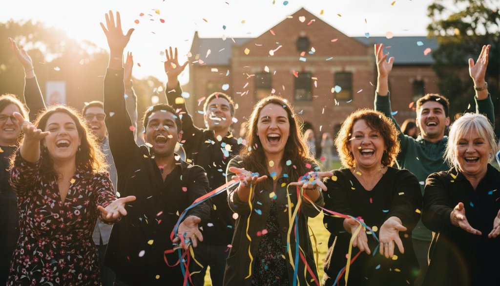 An authentic West Footscray event photography capturing genuine joy, showing a group of friends laughing heartily under festive lights at a community gathering in West Footscray, with the iconic Footscray Community Arts Centre visible in the background, captured in a dramatic, cinematic style.