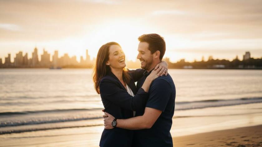 Authentic Williamstown Candid Photography Stories captured an epic moment: a joyful couple laughing genuinely on Williamstown Beach at sunset, with the city skyline in the background, professional colour grading.
