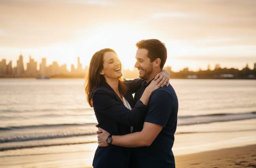 Authentic Williamstown Candid Photography Stories captured an epic moment: a joyful couple laughing genuinely on Williamstown Beach at sunset, with the city skyline in the background, professional colour grading.