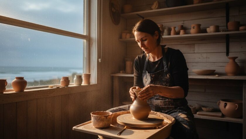 An inspiring, wide-angle shot showcasing authentic Wonthaggi branding photography, featuring a local artisan passionately crafting their product inside a rustic Wonthaggi workshop, bathed in dramatic golden hour light streaming through a large window, creating a cinematic, professional atmosphere. The scene captures an epic moment of dedication, with tools and materials artfully arranged in the foreground.