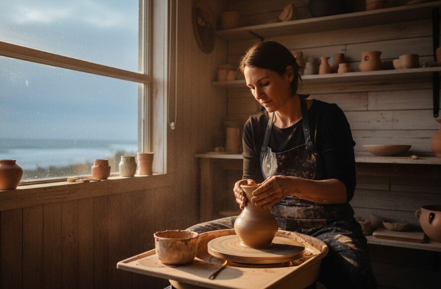 An inspiring, wide-angle shot showcasing authentic Wonthaggi branding photography, featuring a local artisan passionately crafting their product inside a rustic Wonthaggi workshop, bathed in dramatic golden hour light streaming through a large window, creating a cinematic, professional atmosphere. The scene captures an epic moment of dedication, with tools and materials artfully arranged in the foreground.