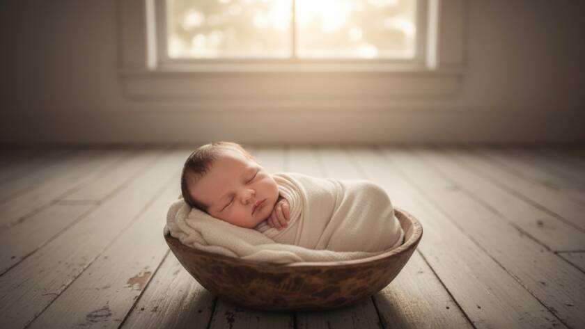 A serene Avondale Heights baby photography storytelling moment: A peacefully sleeping newborn wrapped in soft cream fabric, cradled gently in a parent's hands, bathed in warm, ethereal window light, creating a stunning and emotional portrait.