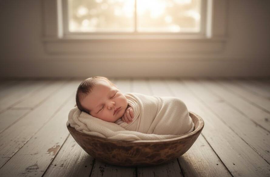 A serene Avondale Heights baby photography storytelling moment: A peacefully sleeping newborn wrapped in soft cream fabric, cradled gently in a parent's hands, bathed in warm, ethereal window light, creating a stunning and emotional portrait.