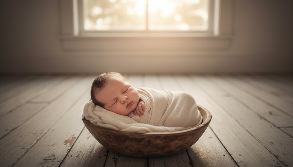 A serene Avondale Heights baby photography storytelling moment: A peacefully sleeping newborn wrapped in soft cream fabric, cradled gently in a parent's hands, bathed in warm, ethereal window light, creating a stunning and emotional portrait.