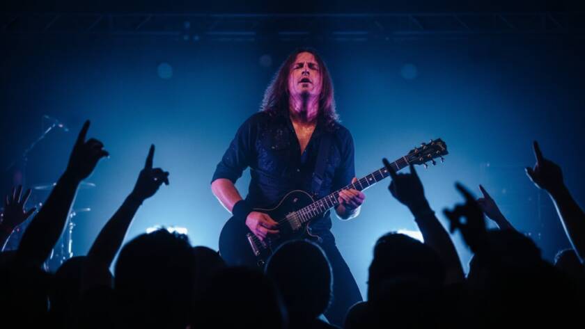 Dramatic wide shot capturing Avondale Heights band photography capturing local soul: a lead guitarist intensely performing on stage under vibrant blue and red stage lights, crowd silhouetted, high energy, professional photography.