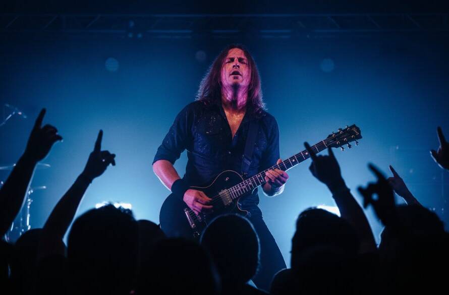 Dramatic wide shot capturing Avondale Heights band photography capturing local soul: a lead guitarist intensely performing on stage under vibrant blue and red stage lights, crowd silhouetted, high energy, professional photography.