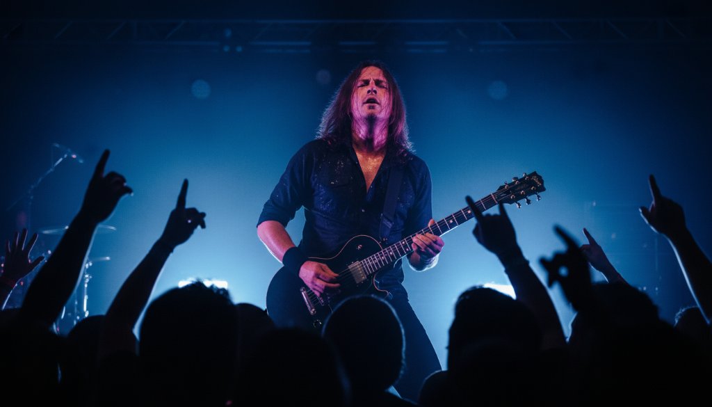 Dramatic wide shot capturing Avondale Heights band photography capturing local soul: a lead guitarist intensely performing on stage under vibrant blue and red stage lights, crowd silhouetted, high energy, professional photography.