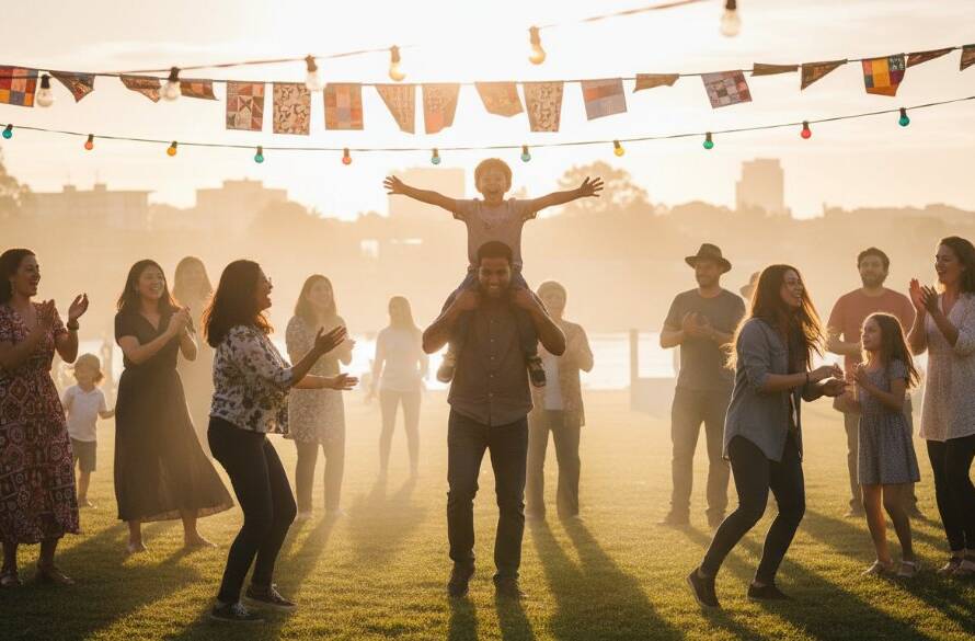 An Avondale Heights community event photographer Victoria captures a vibrant, high-energy moment at a local festival in Avondale Heights, Victoria, Australia, with diverse attendees laughing and dancing under string lights, professionally lit and color-graded.