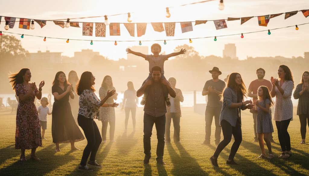 An Avondale Heights community event photographer Victoria captures a vibrant, high-energy moment at a local festival in Avondale Heights, Victoria, Australia, with diverse attendees laughing and dancing under string lights, professionally lit and color-graded.