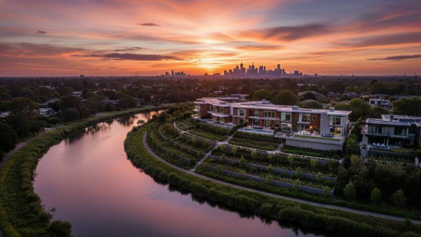A stunning aerial photograph capturing a luxury property in Avondale Heights, overlooking the Maribyrnong River at golden hour, exemplifying Avondale Heights drone photography for property marketing with dramatic cinematic lighting and professional colour grading.
