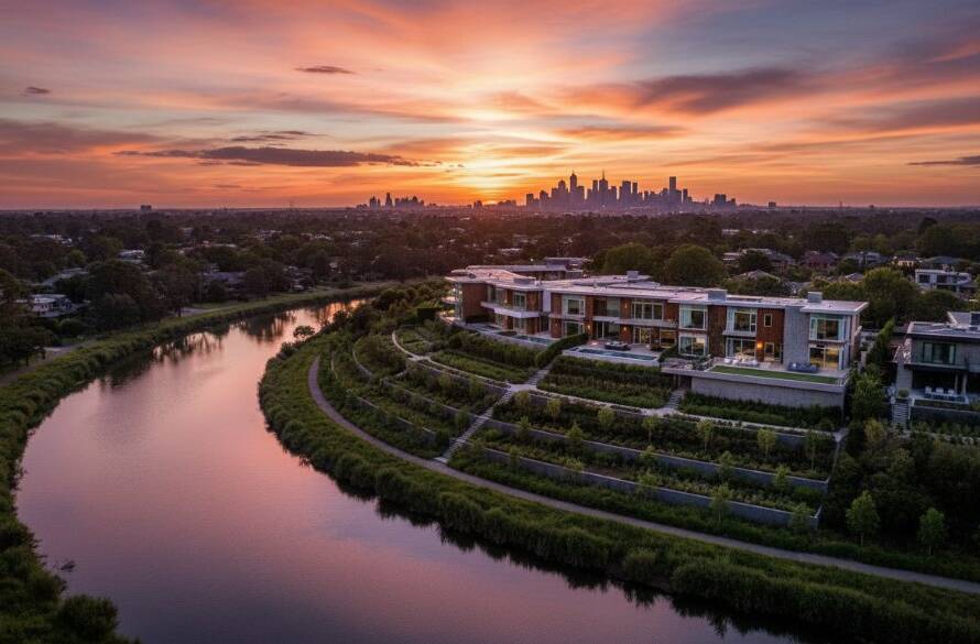 A stunning aerial photograph capturing a luxury property in Avondale Heights, overlooking the Maribyrnong River at golden hour, exemplifying Avondale Heights drone photography for property marketing with dramatic cinematic lighting and professional colour grading.