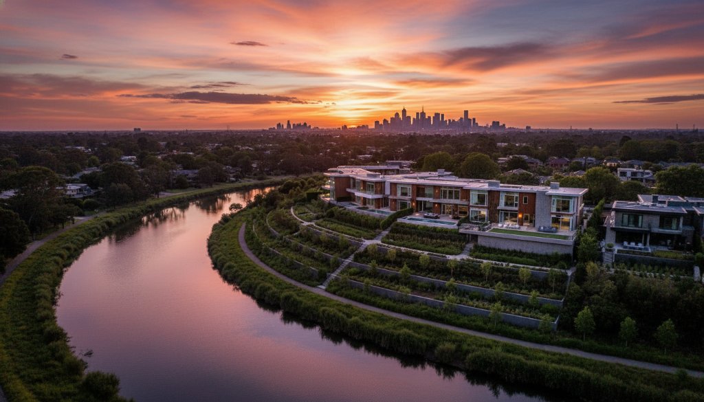 A stunning aerial photograph capturing a luxury property in Avondale Heights, overlooking the Maribyrnong River at golden hour, exemplifying Avondale Heights drone photography for property marketing with dramatic cinematic lighting and professional colour grading.