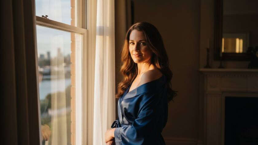 A confident woman in a silk robe, caught in soft morning light, laughing genuinely by a window in a luxurious Avondale Heights setting, embodying the Avondale Heights empowering boudoir photography experience. Professional, color-graded shot.