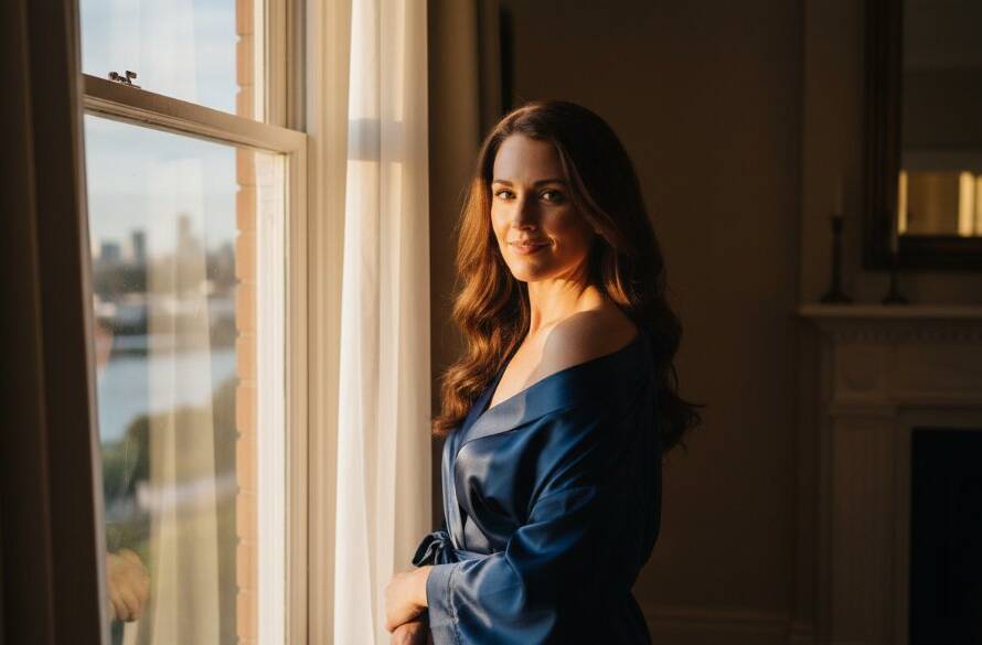 A confident woman in a silk robe, caught in soft morning light, laughing genuinely by a window in a luxurious Avondale Heights setting, embodying the Avondale Heights empowering boudoir photography experience. Professional, color-graded shot.