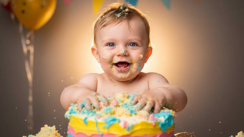 A close-up, joyful moment from an Avondale Heights First Birthday Cake Smash Photography session, showing a baby delightedly smashing into a colourful cake with frosting on their face, professional studio lighting highlighting the pure excitement.