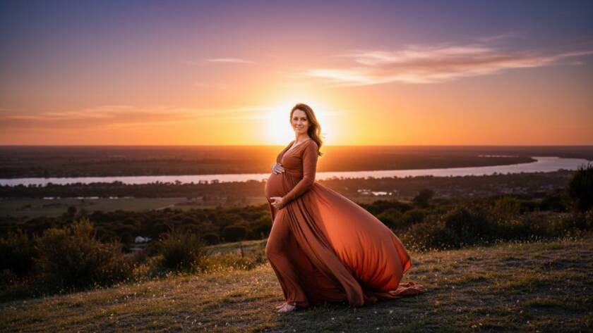 A glowing expectant mother, silhouetted against a breathtaking sunset, captured during an Avondale Heights Maternity Photography Sunset Glow session, showcasing an epic moment of serene beauty.