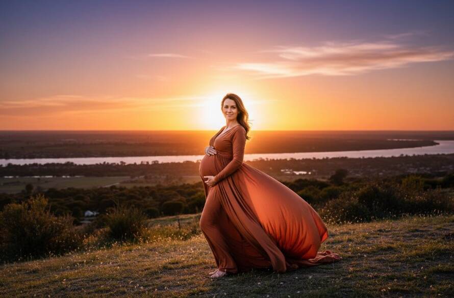 A glowing expectant mother, silhouetted against a breathtaking sunset, captured during an Avondale Heights Maternity Photography Sunset Glow session, showcasing an epic moment of serene beauty.