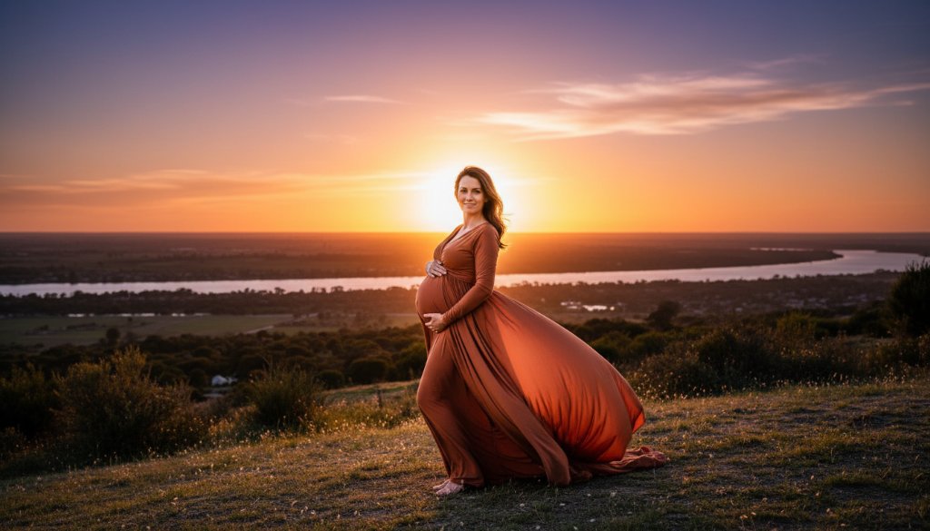 A glowing expectant mother, silhouetted against a breathtaking sunset, captured during an Avondale Heights Maternity Photography Sunset Glow session, showcasing an epic moment of serene beauty.
