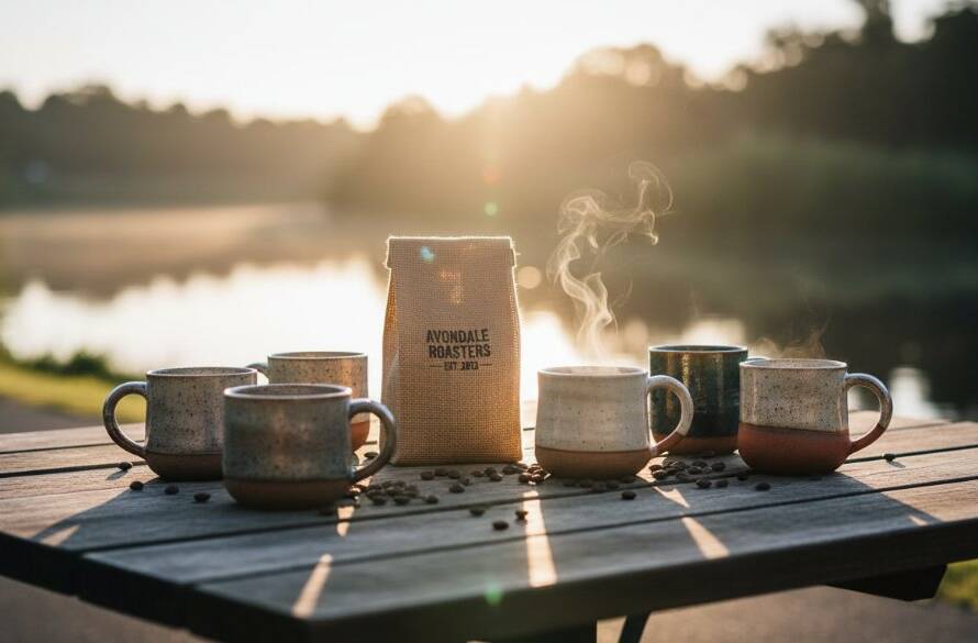 Dramatic, cinematic photograph showcasing meticulously arranged artisan products from an Avondale Heights local e-commerce business, bathed in golden hour light on a rustic wooden table overlooking the Maribyrnong River, capturing the essence of Avondale Heights product photography for local e-commerce.