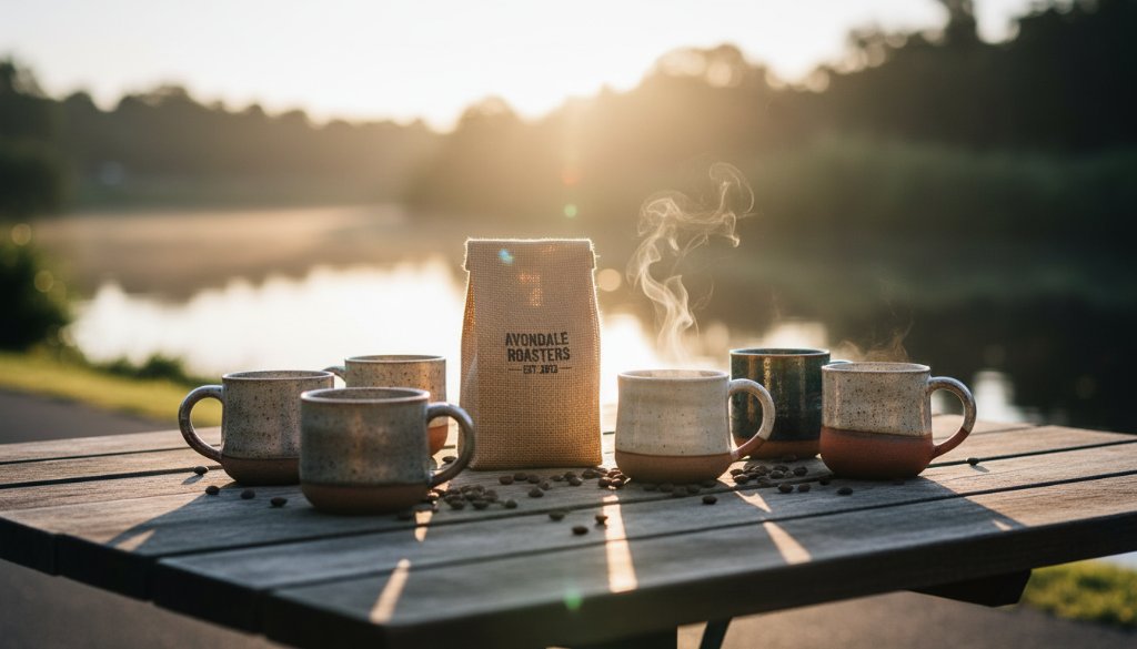 Dramatic, cinematic photograph showcasing meticulously arranged artisan products from an Avondale Heights local e-commerce business, bathed in golden hour light on a rustic wooden table overlooking the Maribyrnong River, capturing the essence of Avondale Heights product photography for local e-commerce.