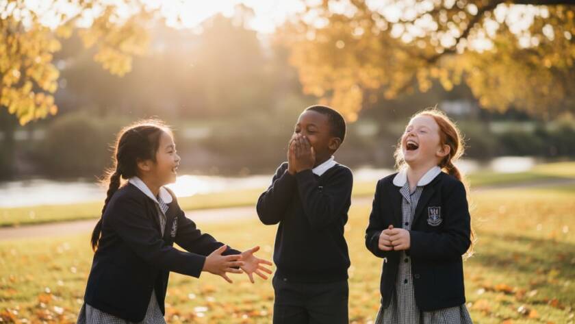 An epic moment captured during Avondale Heights school photography natural light portraits, showing a group of laughing primary school children playing in a sun-drenched park near the Maribyrnong River, their faces alight with joy and genuine connection.