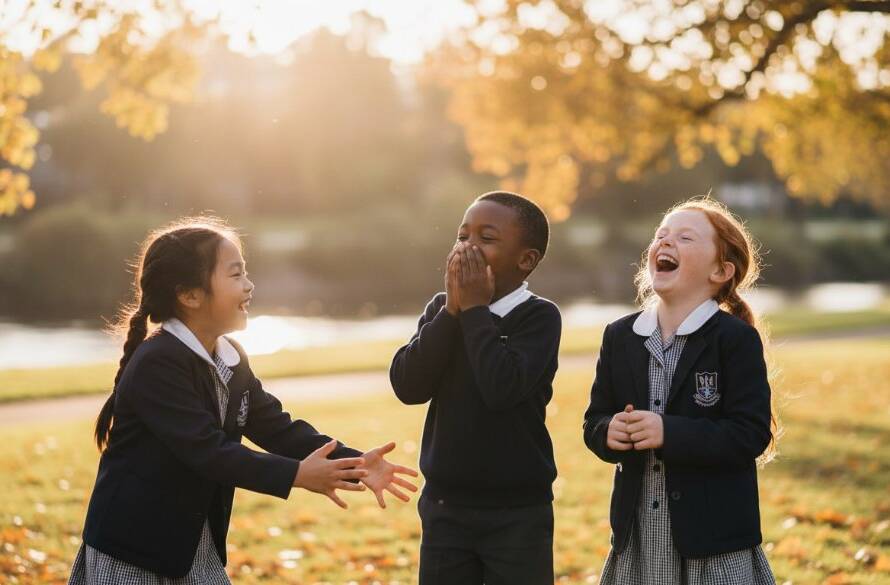 An epic moment captured during Avondale Heights school photography natural light portraits, showing a group of laughing primary school children playing in a sun-drenched park near the Maribyrnong River, their faces alight with joy and genuine connection.