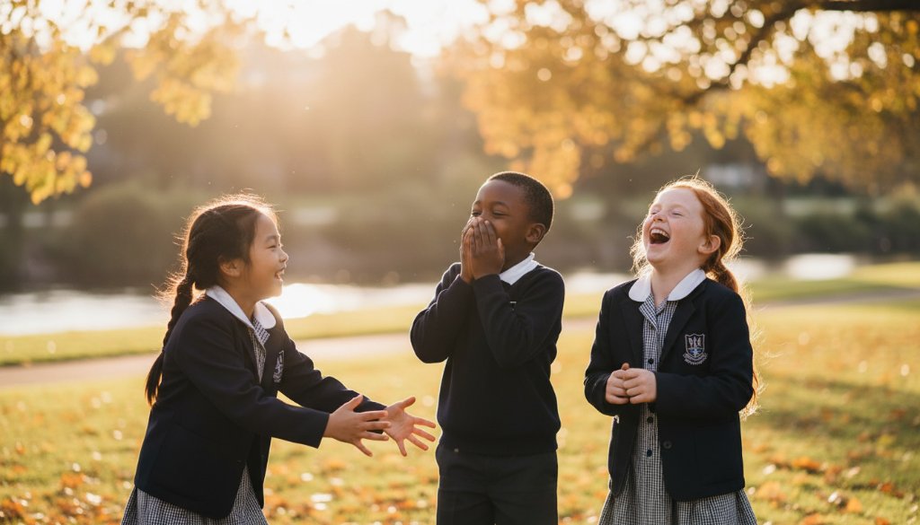 An epic moment captured during Avondale Heights school photography natural light portraits, showing a group of laughing primary school children playing in a sun-drenched park near the Maribyrnong River, their faces alight with joy and genuine connection.